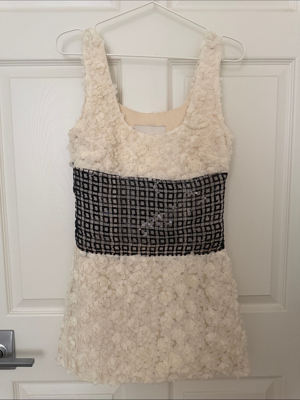 RARE Sandy Liang Cream Floral Appliqué Mini Dress w/ Black Sequin Mesh
